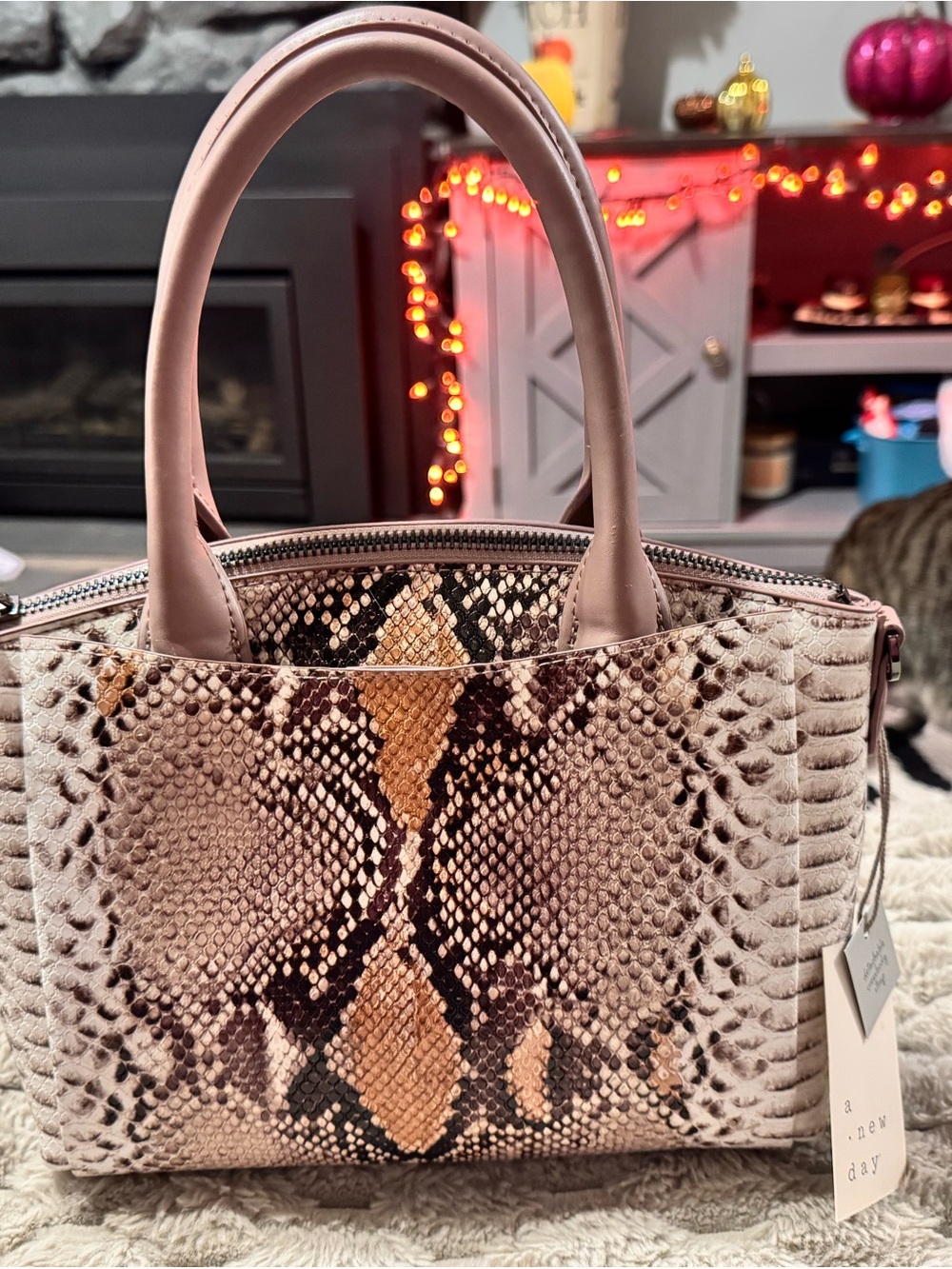 a new day Pink and Tan Snake-Print Satchel